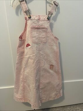 Girls' Light Pink Denim Overall Dress with Rainbow Patch